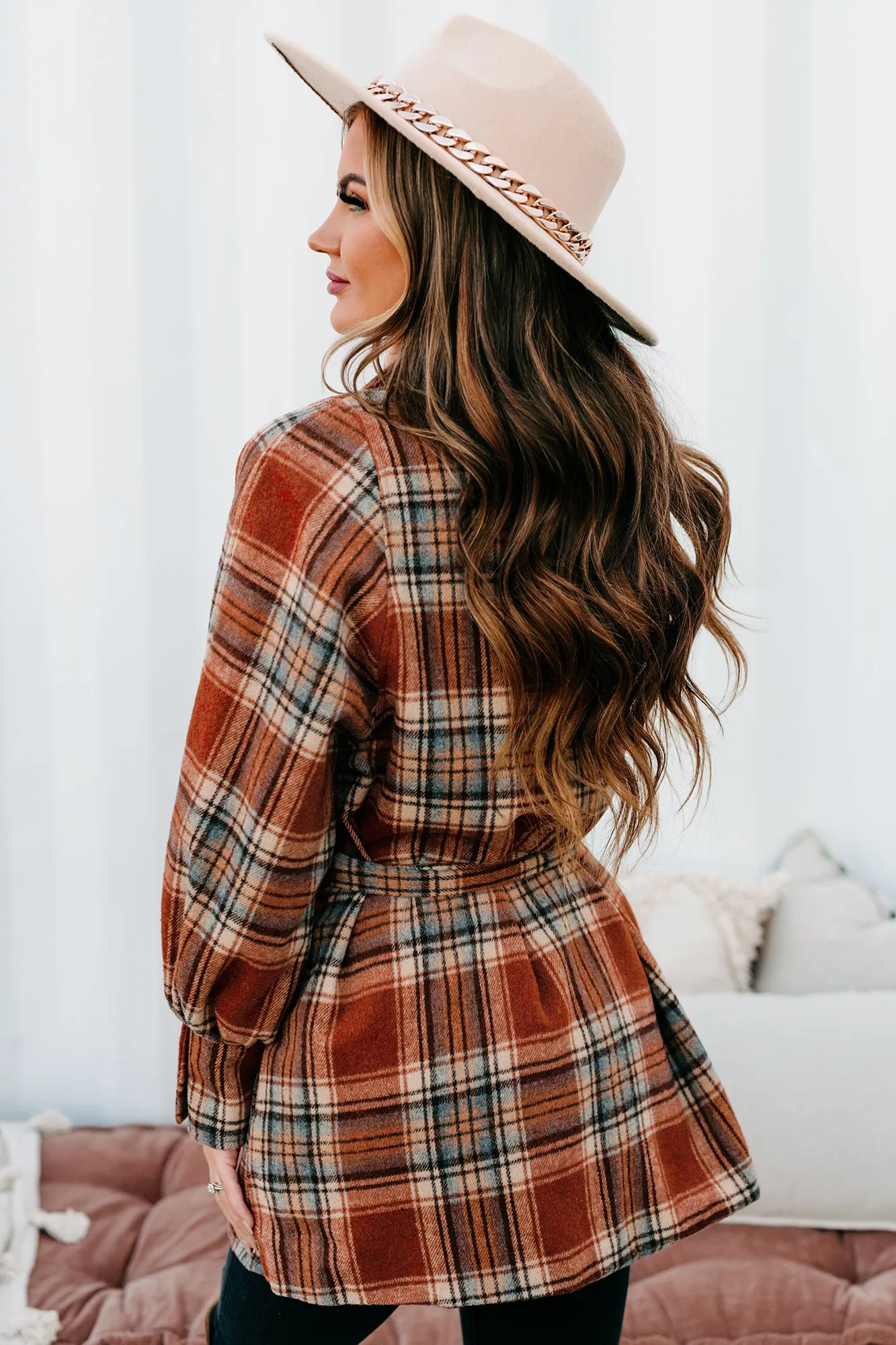 Plaid Point Of View Belted Plaid Coat (Rust)
