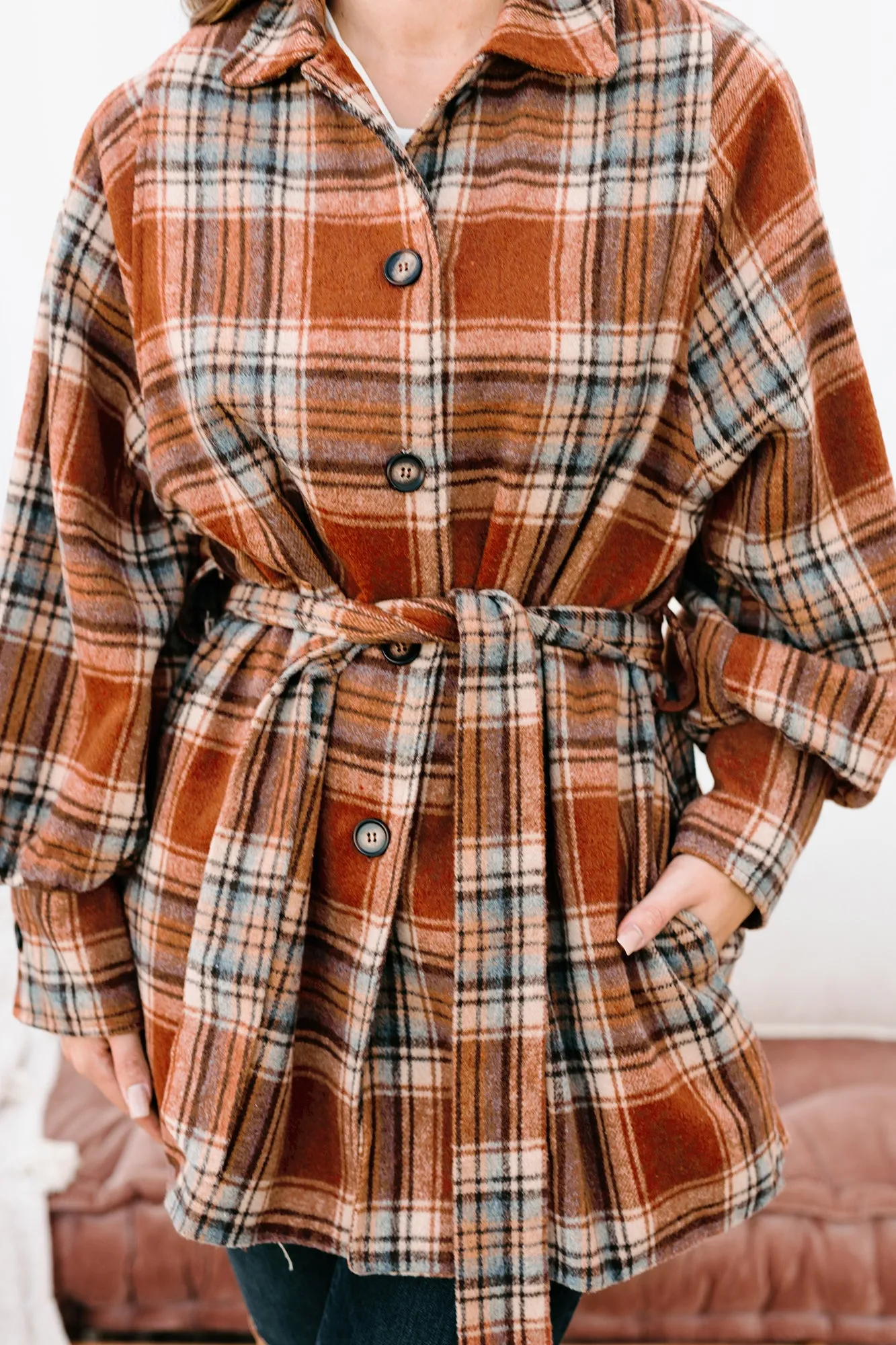Plaid Point Of View Belted Plaid Coat (Rust)