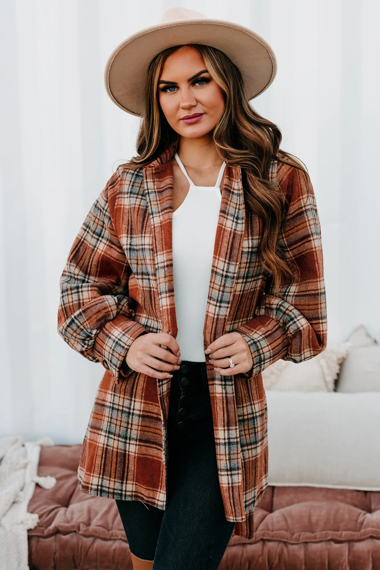 Plaid Point Of View Belted Plaid Coat (Rust)