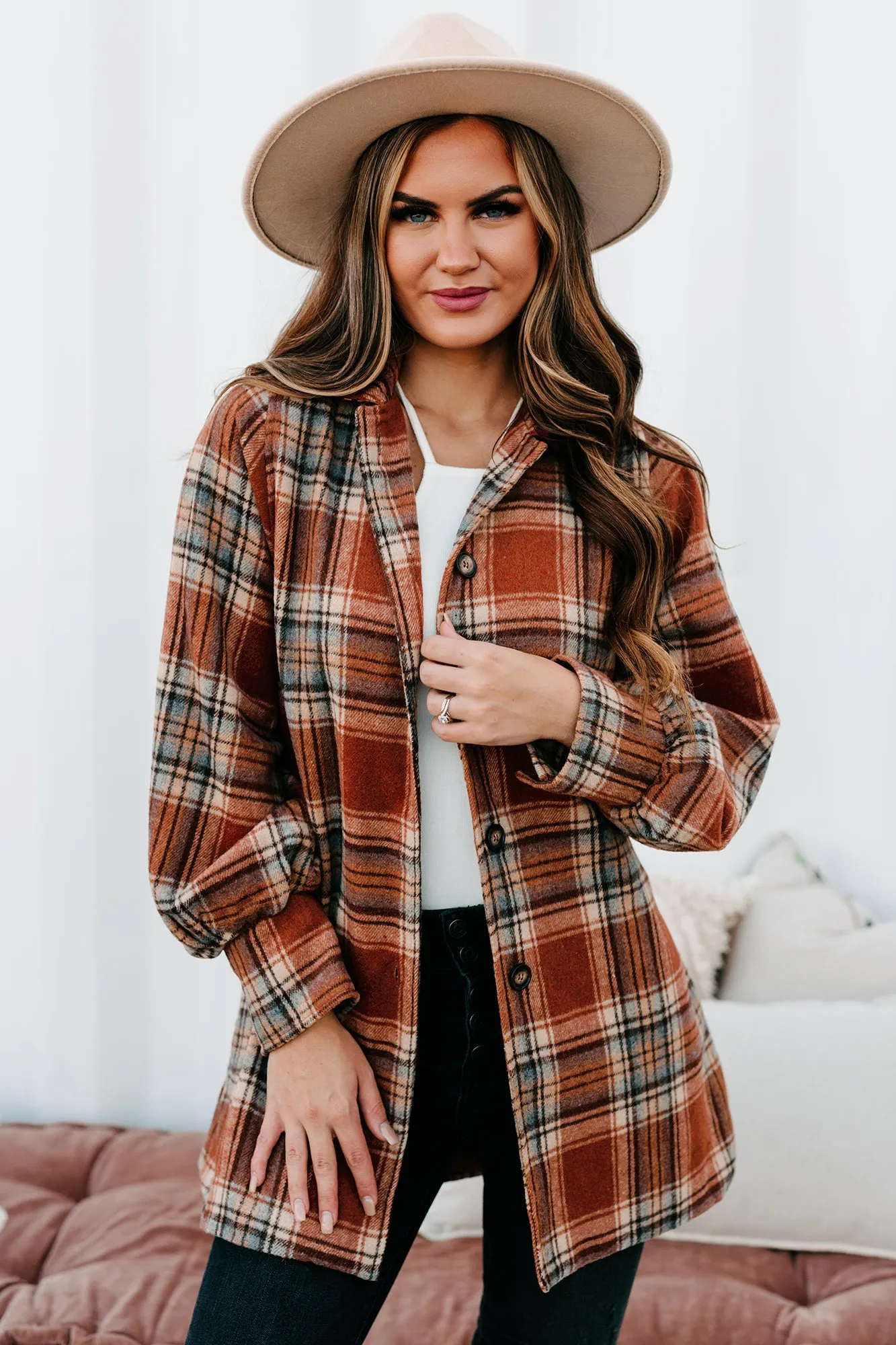 Plaid Point Of View Belted Plaid Coat (Rust)