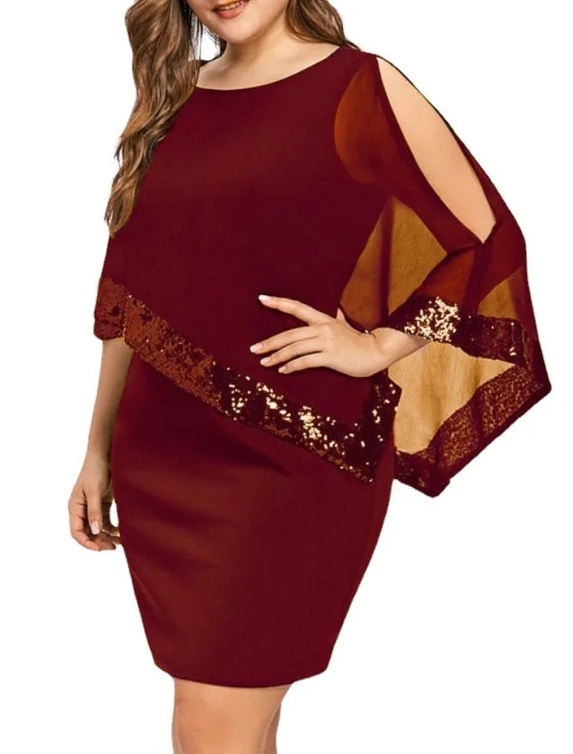 Plus Large Size Cold Shoulder Overlay Asymmetric Chiffon Strapless Sequin Dress