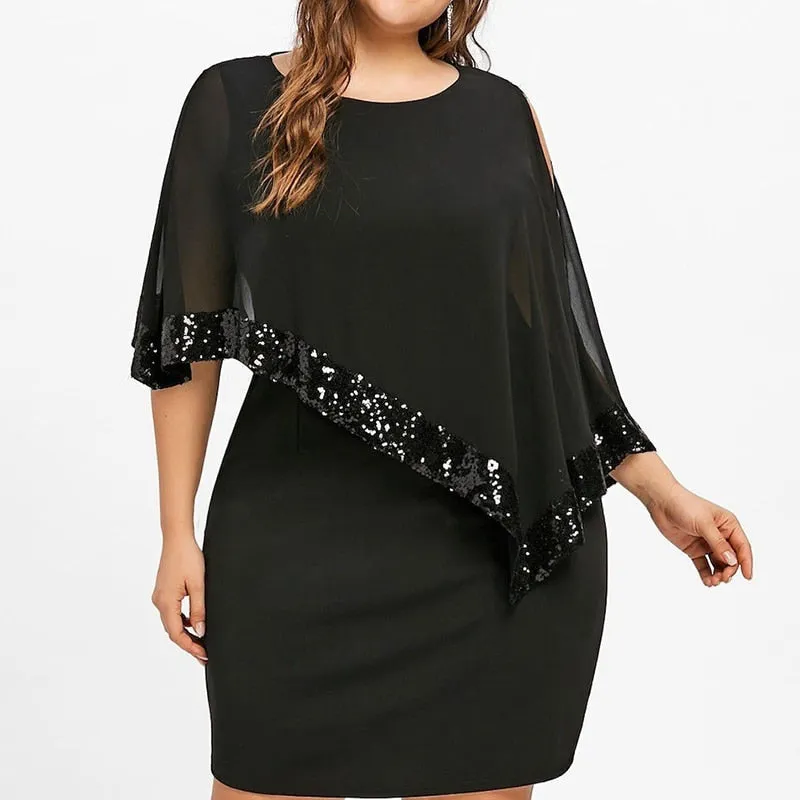 Plus Large Size Cold Shoulder Overlay Asymmetric Chiffon Strapless Sequin Dress