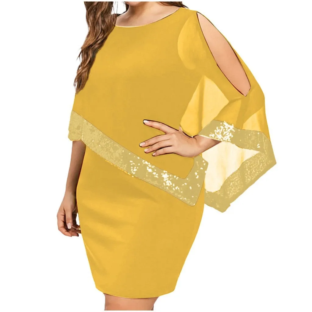 Plus Large Size Cold Shoulder Overlay Asymmetric Chiffon Strapless Sequin Dress