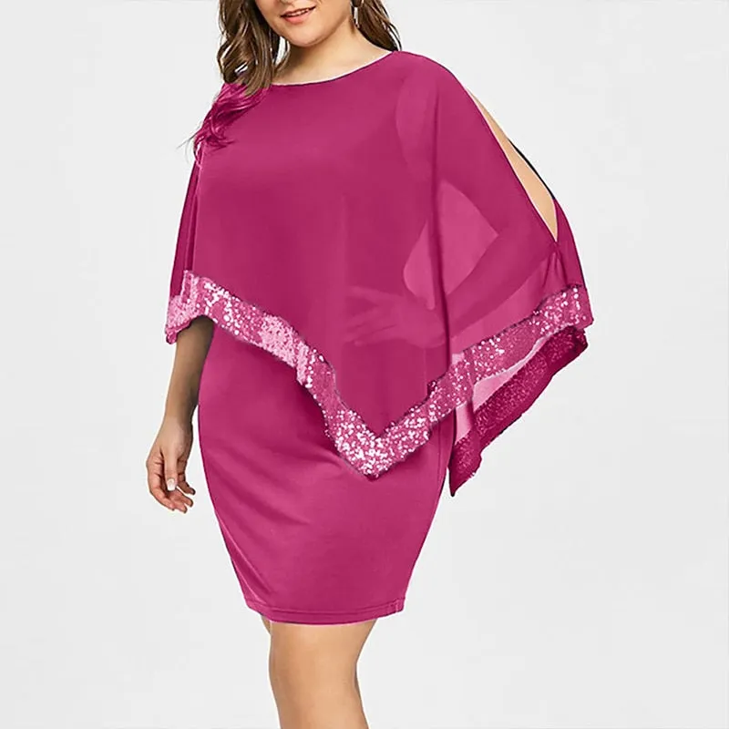 Plus Large Size Cold Shoulder Overlay Asymmetric Chiffon Strapless Sequin Dress