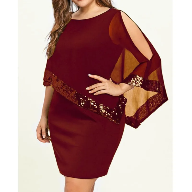 Plus Large Size Cold Shoulder Overlay Asymmetric Chiffon Strapless Sequin Dress