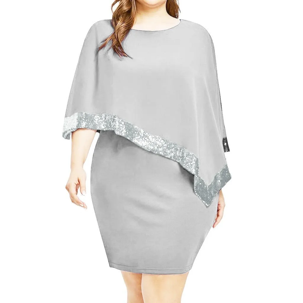 Plus Large Size Cold Shoulder Overlay Asymmetric Chiffon Strapless Sequin Dress