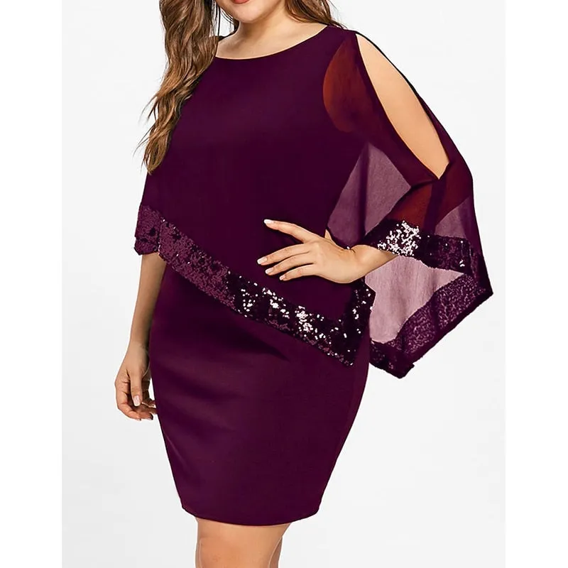 Plus Large Size Cold Shoulder Overlay Asymmetric Chiffon Strapless Sequin Dress