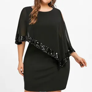 Plus Large Size Cold Shoulder Overlay Asymmetric Chiffon Strapless Sequin Dress