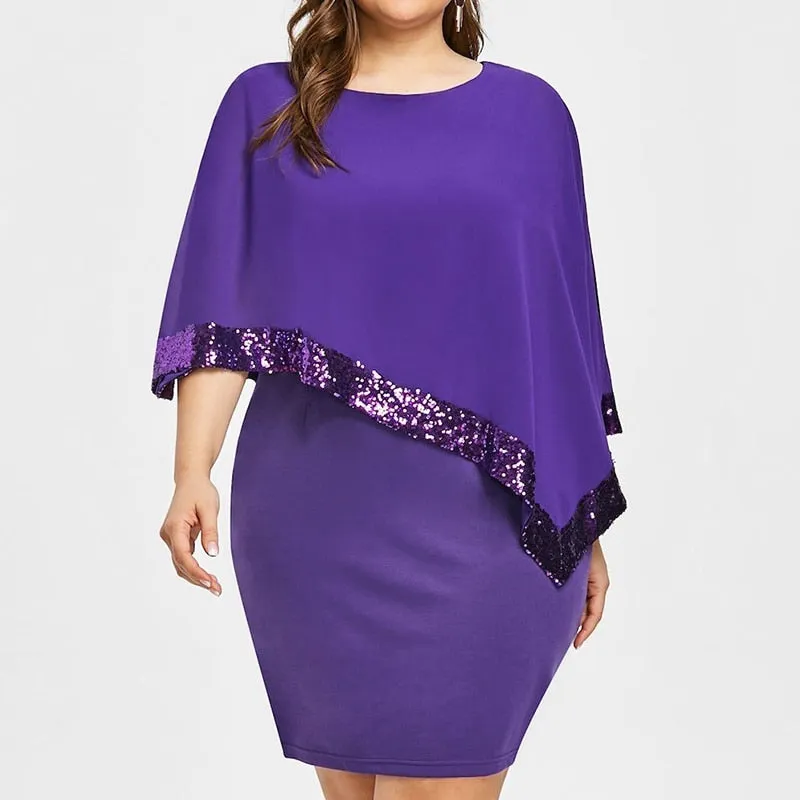 Plus Large Size Cold Shoulder Overlay Asymmetric Chiffon Strapless Sequin Dress
