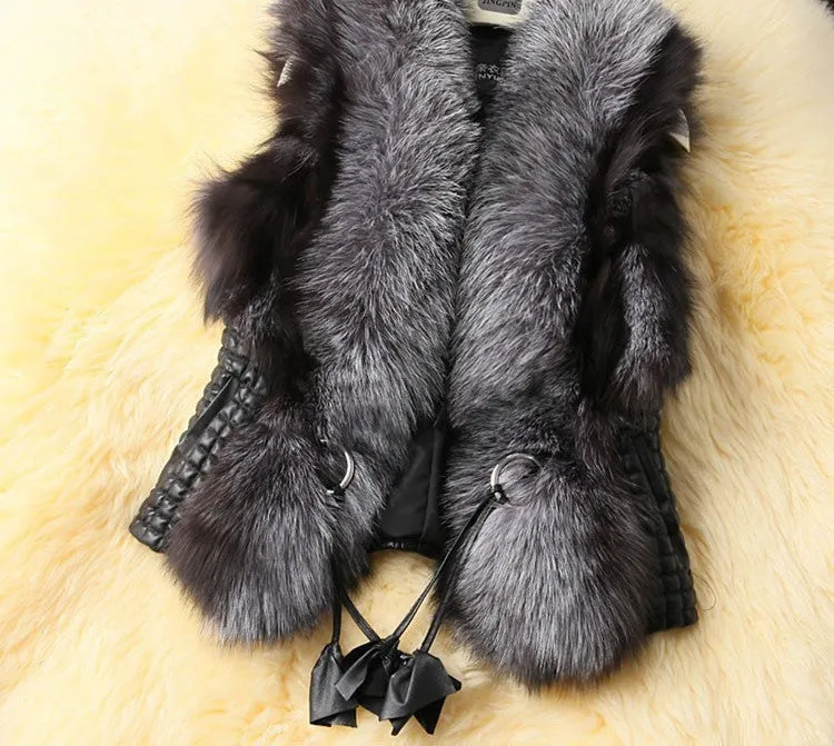 Plus Size Black Autumn Spring and Winter High Imitation Faux Fox Fur Vest Gilet Outerwear Women's Coat OLA