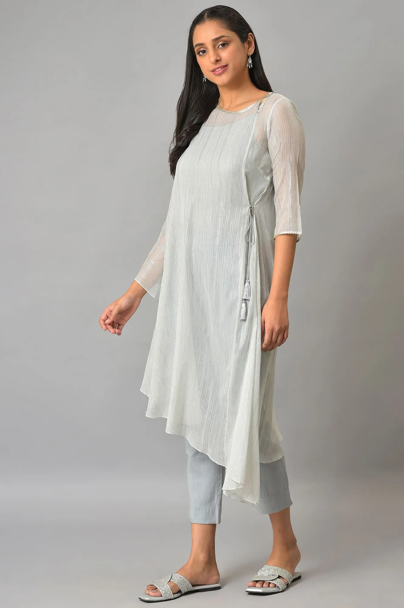 Plus Size Blue Assymetric kurta With Inner And Trousers