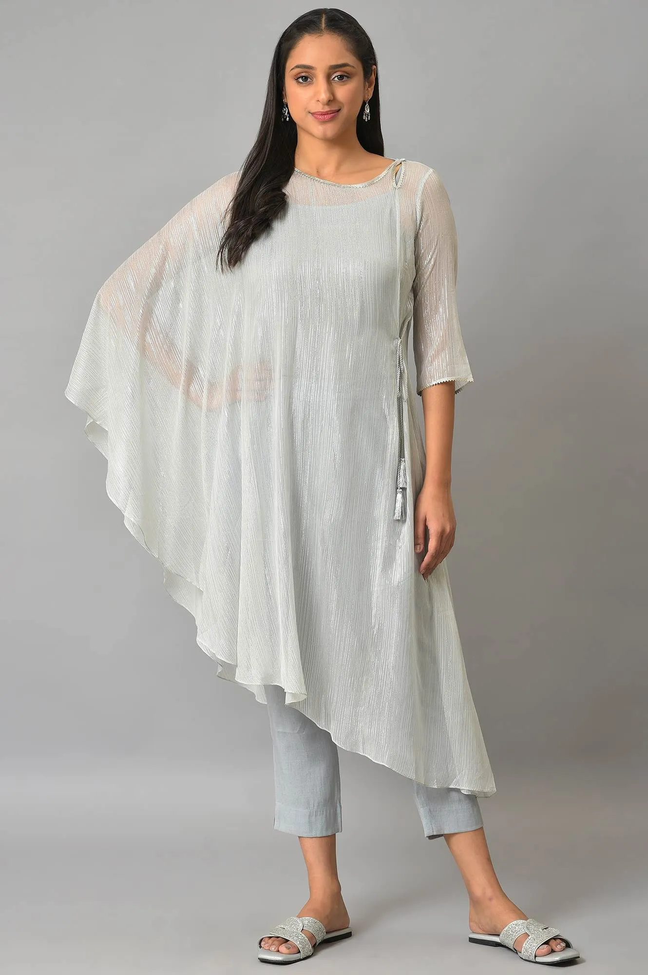 Plus Size Blue Assymetric kurta With Inner And Trousers