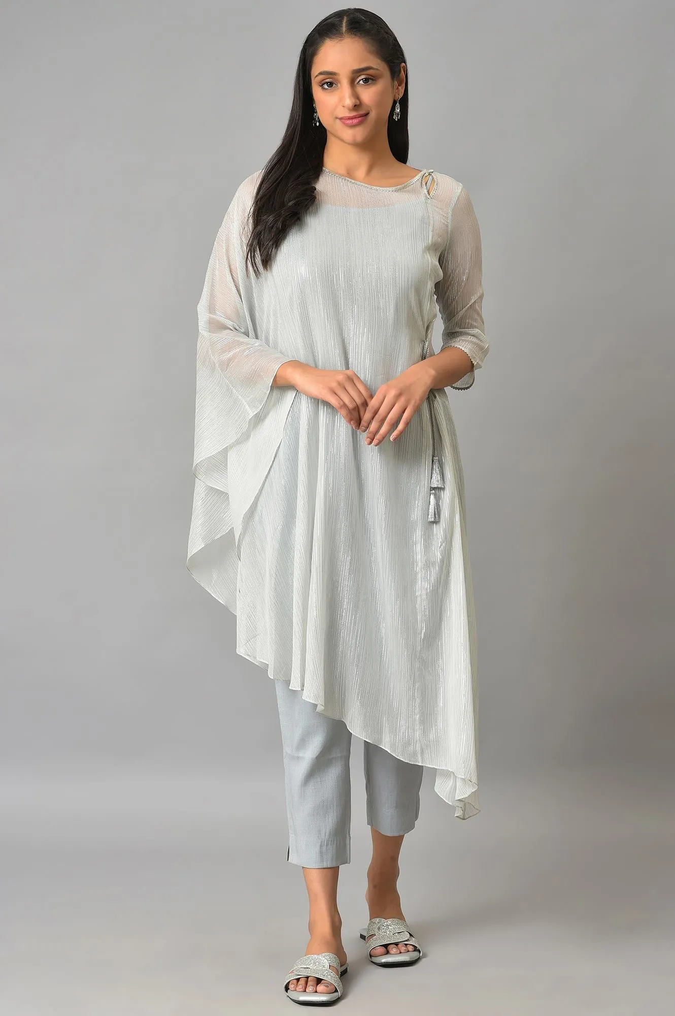 Plus Size Blue Assymetric kurta With Inner And Trousers