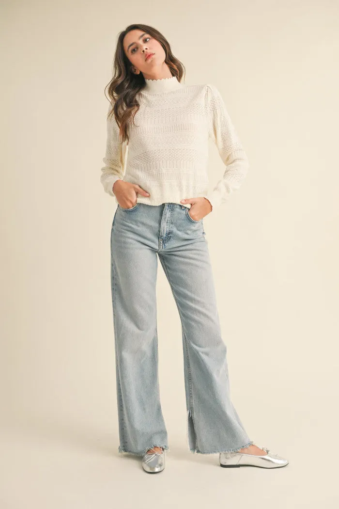 Pointelle Scalloped Neckline Sweater - Ivory