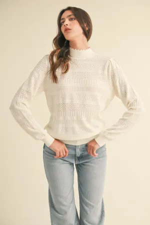 Pointelle Scalloped Neckline Sweater - Ivory