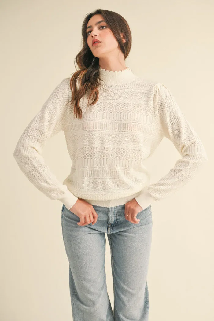 Pointelle Scalloped Neckline Sweater - Ivory