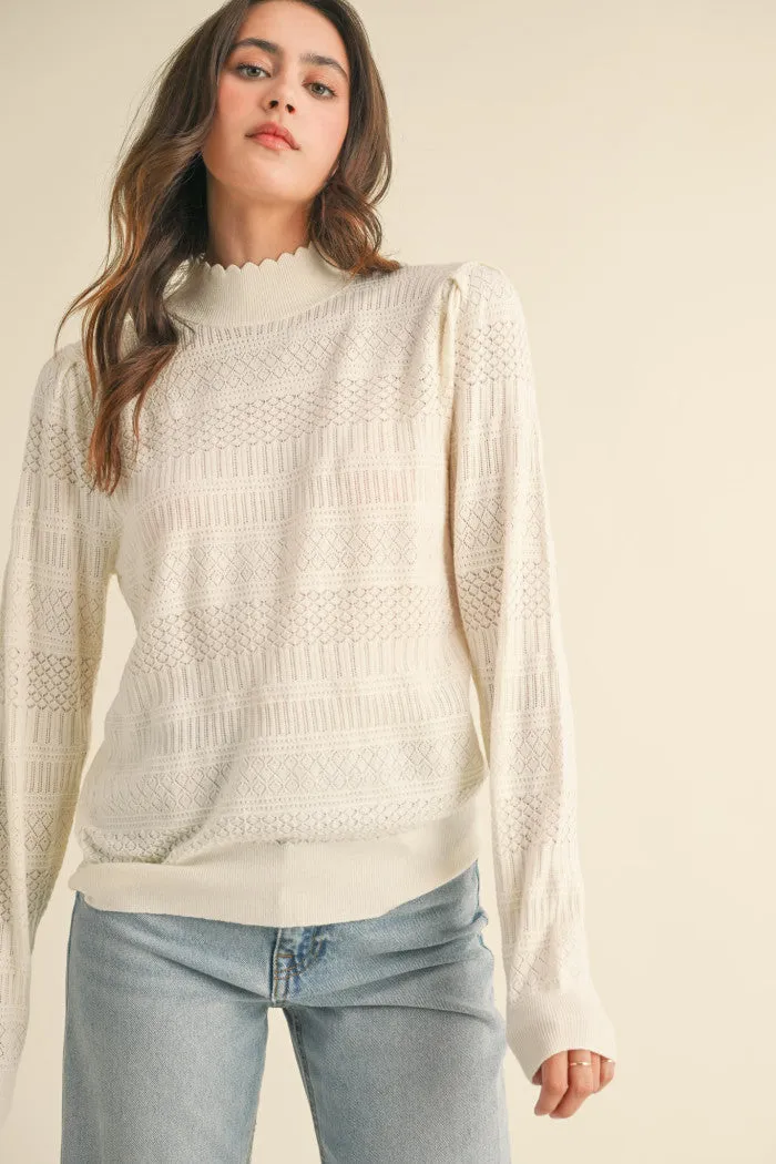 Pointelle Scalloped Neckline Sweater - Ivory