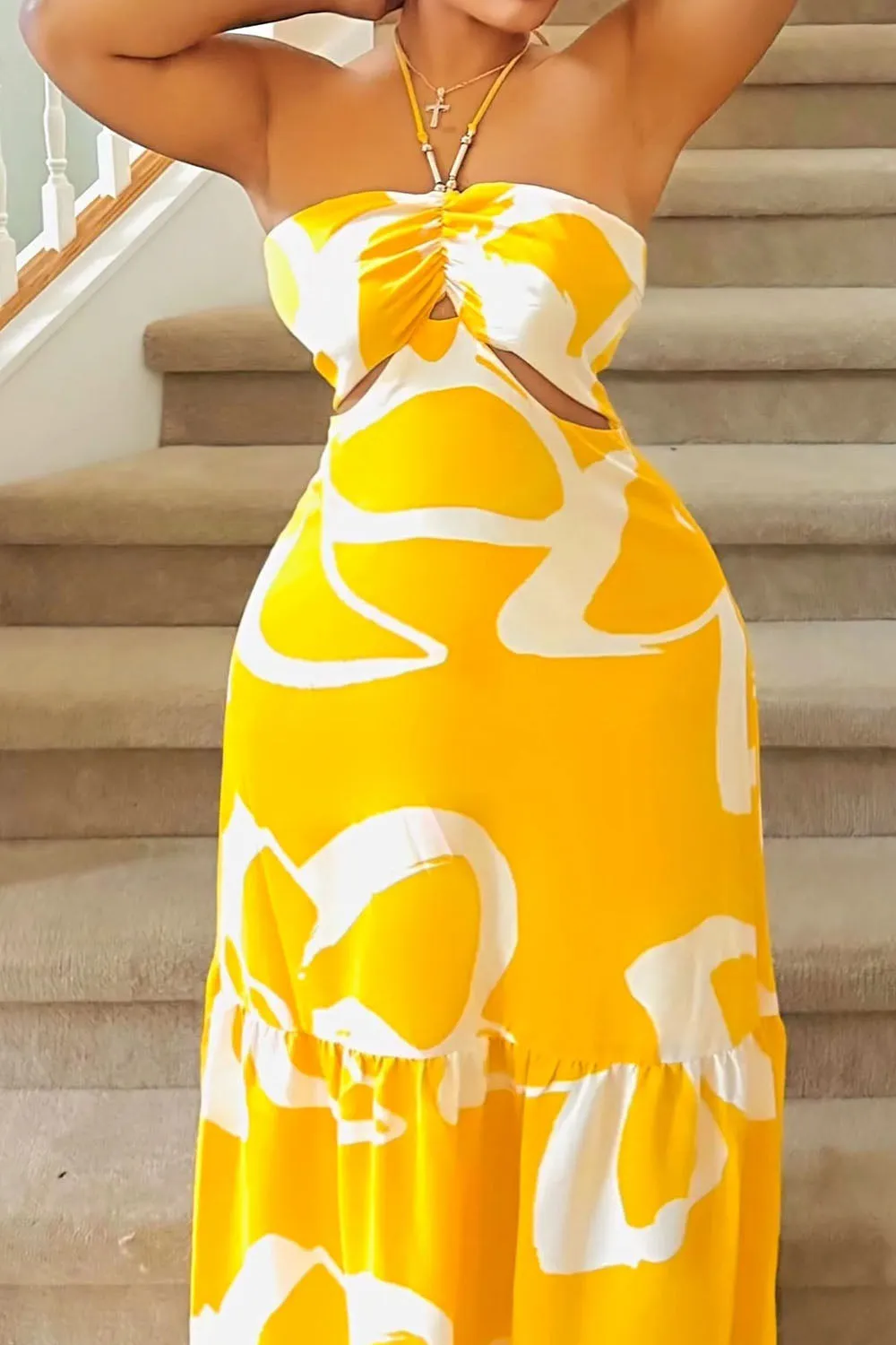 Print Ruched Halter Cutout Quilted Vacation Maxi Dresses-Yellow [Pre Order]