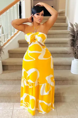 Print Ruched Halter Cutout Quilted Vacation Maxi Dresses-Yellow [Pre Order]