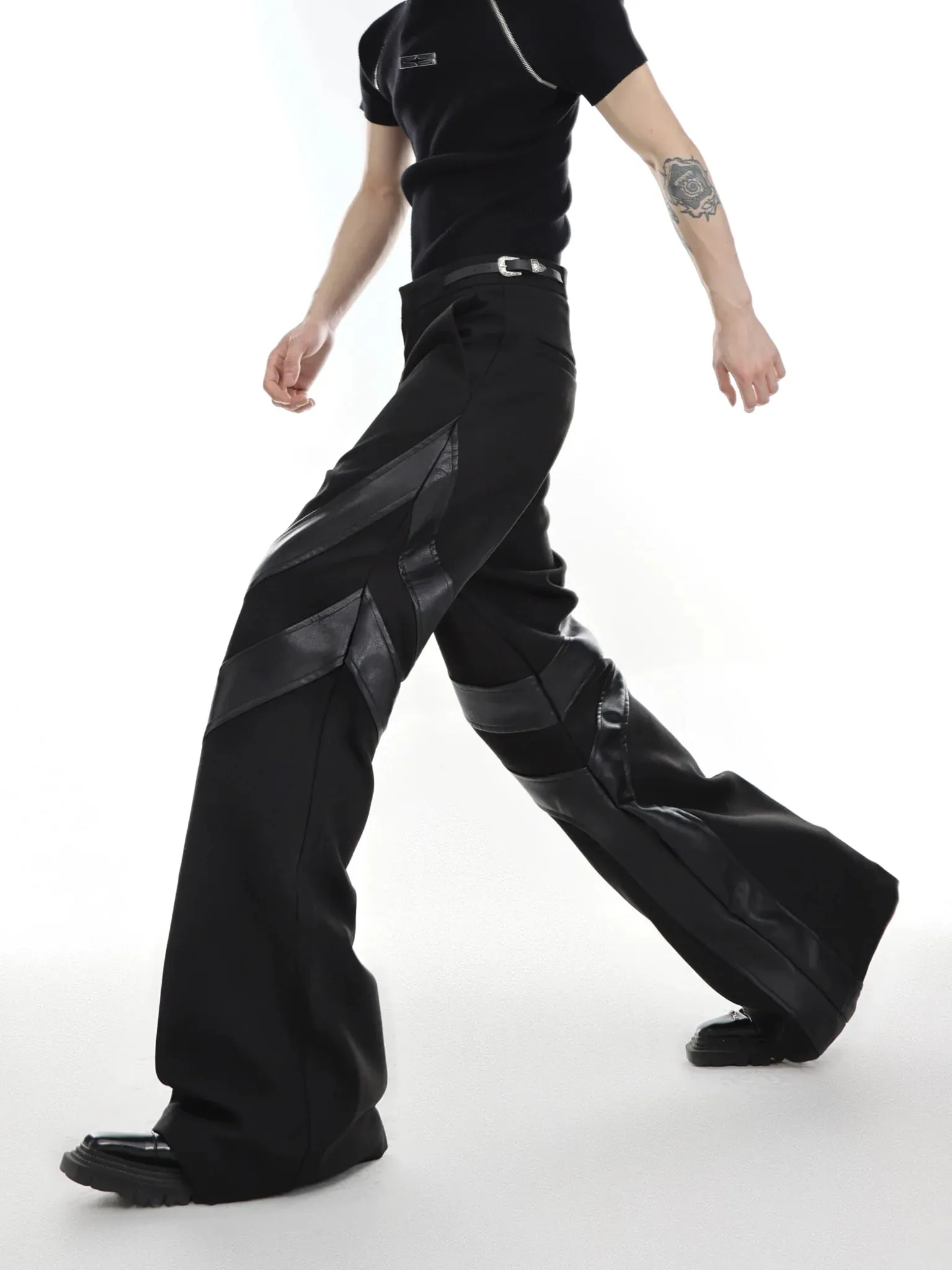 Punk-Inspired High-Waisted Flared Pants with Leather Spliced