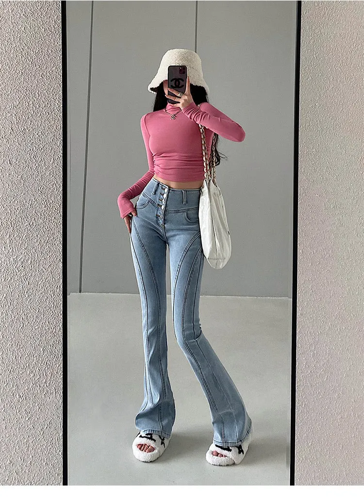 Rebekah Patchwork Denim Slim Flared Jeans Pants
