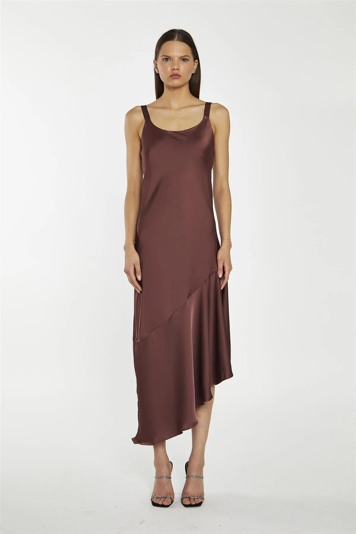 Reddish-Brown Satin Bias-Cut Asymmetric-Dress