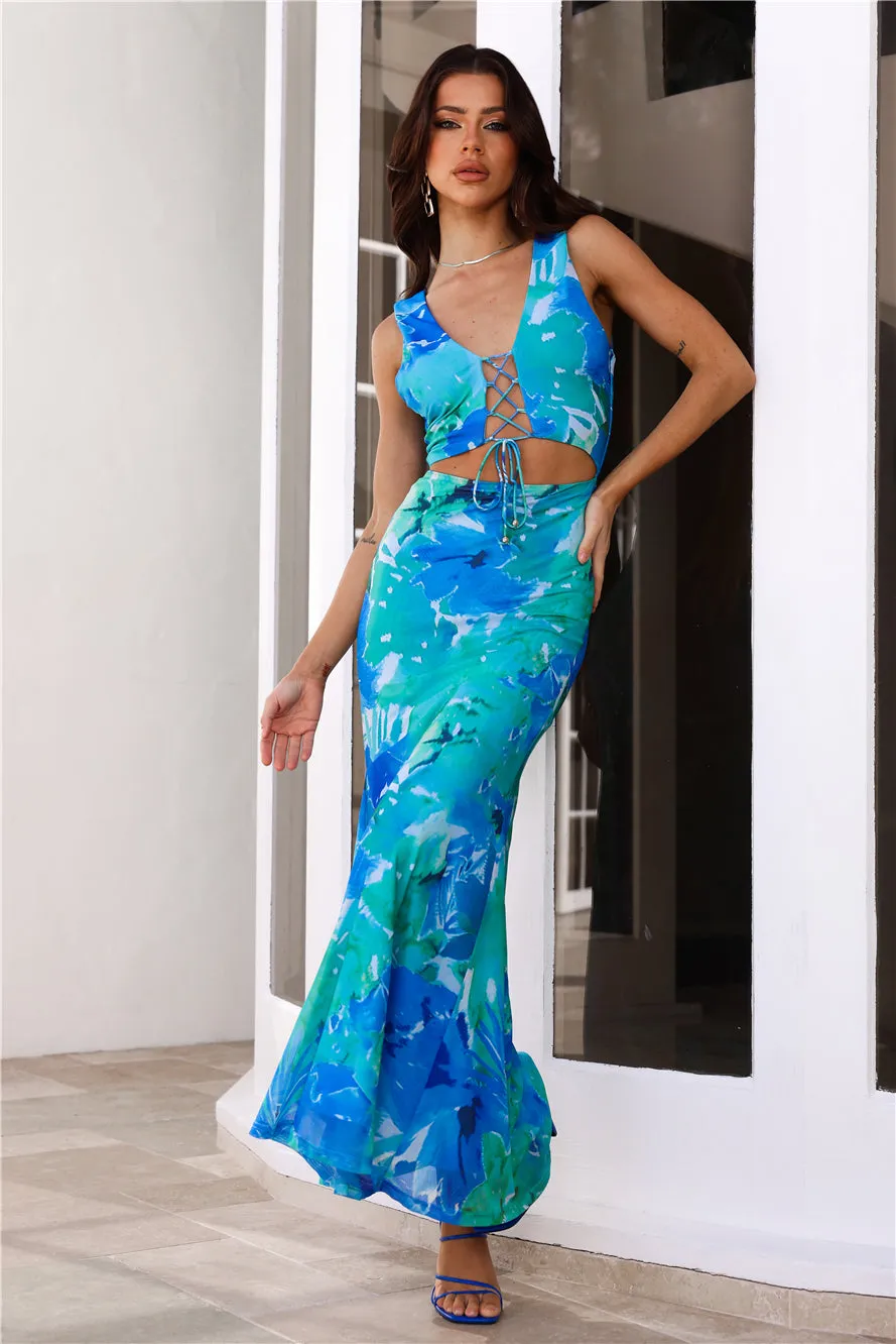 Refreshing Splash Mesh Maxi Dress Blue