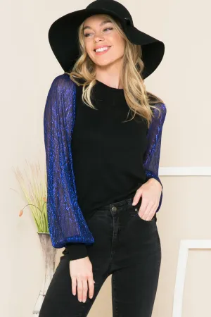 Relaxed Fit Sweater with Glittery Mesh Sleeves