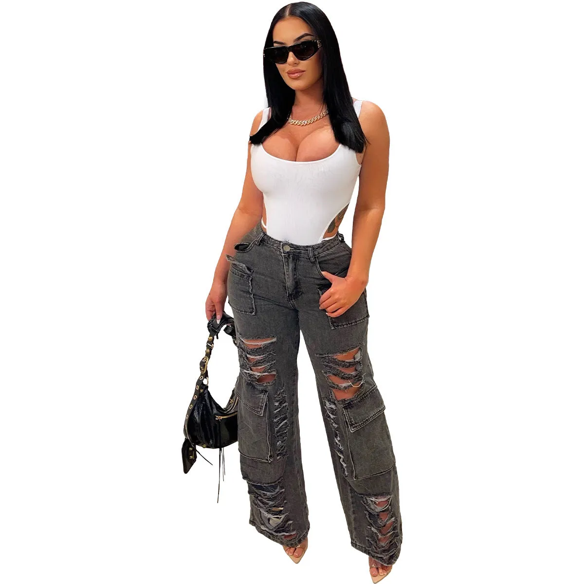 Ripped Bag Slightly Flared Denim