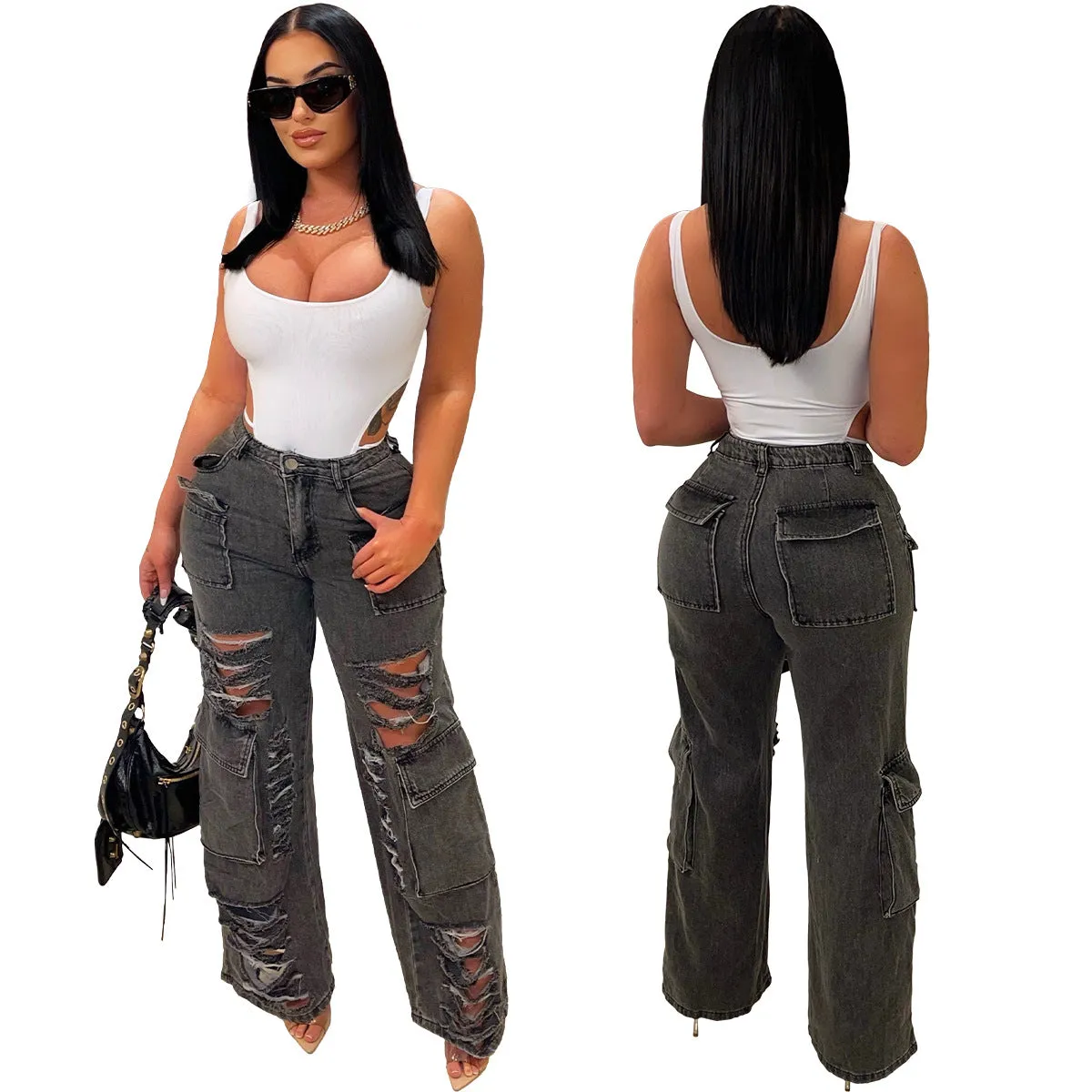 Ripped Bag Slightly Flared Denim