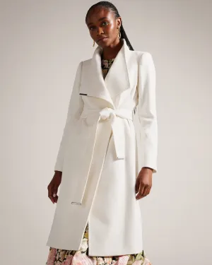 Rose Midi Length Belted Wool Wrap Coat Ivory