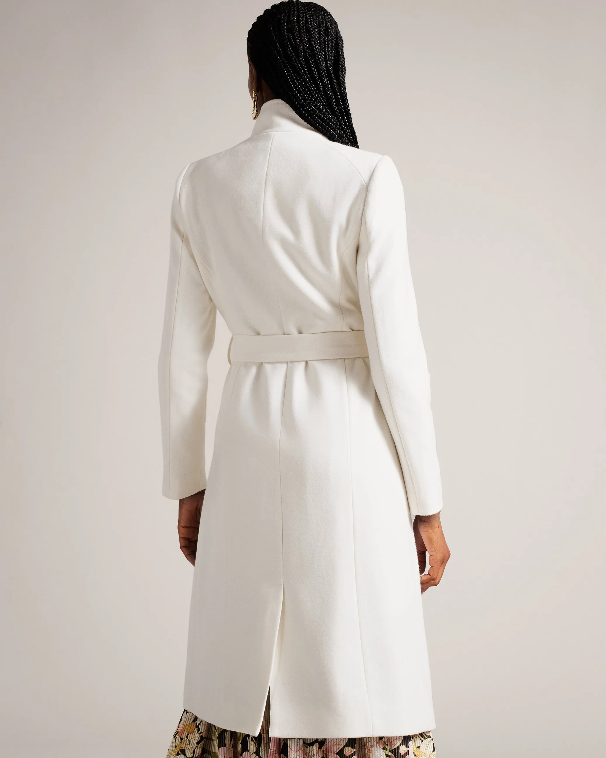 Rose Midi Length Belted Wool Wrap Coat Ivory