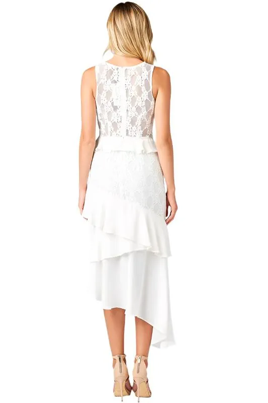 Rosina Ruffle Frill Asymmetric Lace Midi Dress