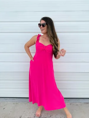 Ruffle Strap Midi Dress - Neon Pink by Sew In Love