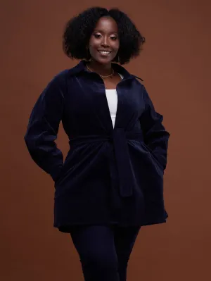 Safari Basic Belted Corduroy Coat (Long) - Navy Blue