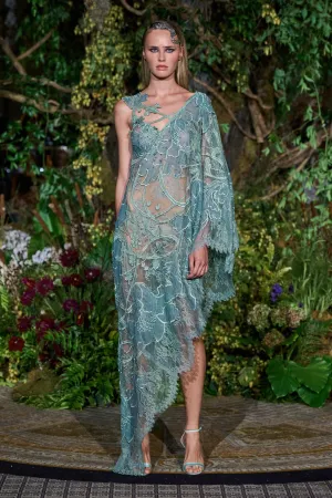 SEAFOAM TATTOO LACE ASYMMETRIC HANDKERCHIEF DRESS
