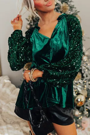 Sequin Patchwork Sleeve Button Up Velvet Top