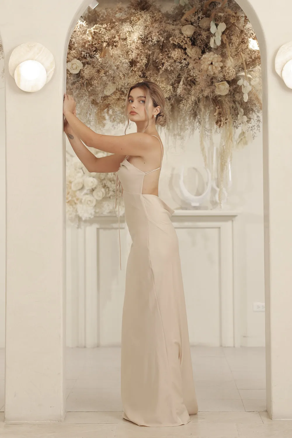 SERAPHINE Strappy Full Length Silk Dress with Cowl Open Back (Nude Silk Crepe)