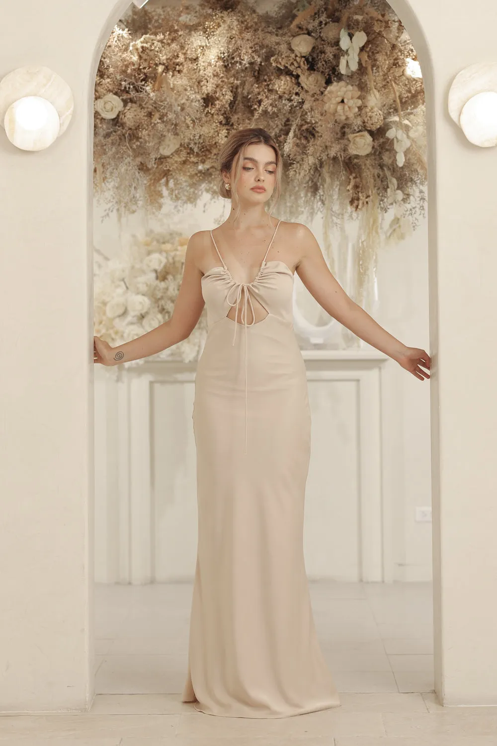 SERAPHINE Strappy Full Length Silk Dress with Cowl Open Back (Nude Silk Crepe)
