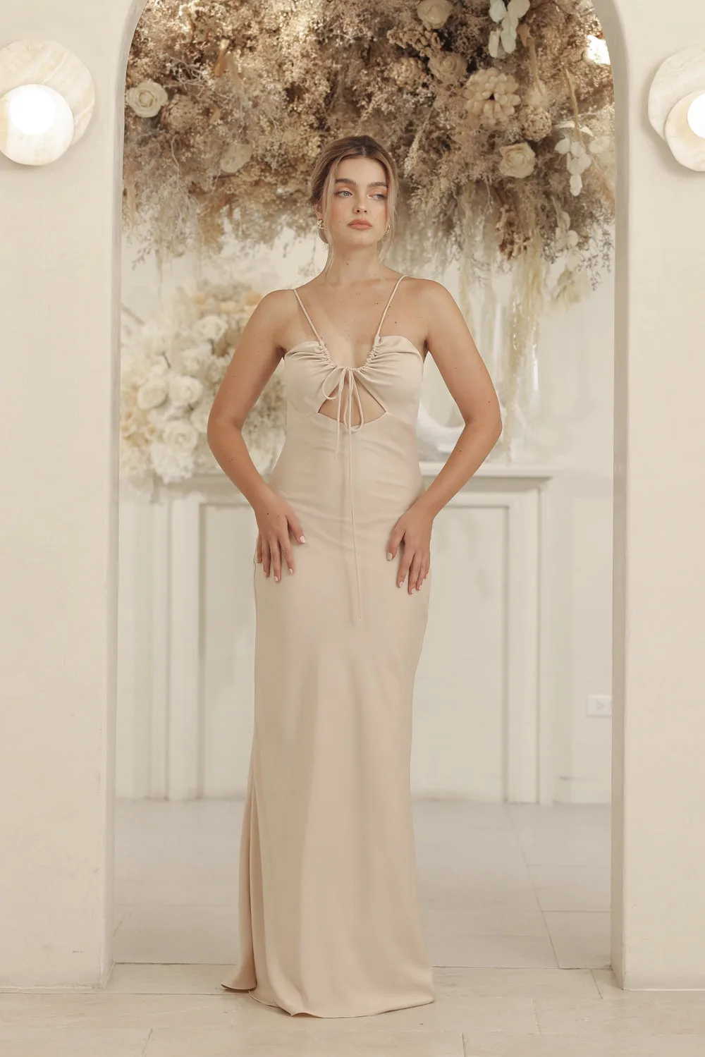 SERAPHINE Strappy Full Length Silk Dress with Cowl Open Back (Nude Silk Crepe)