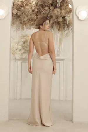 SERAPHINE Strappy Full Length Silk Dress with Cowl Open Back (Nude Silk Crepe)