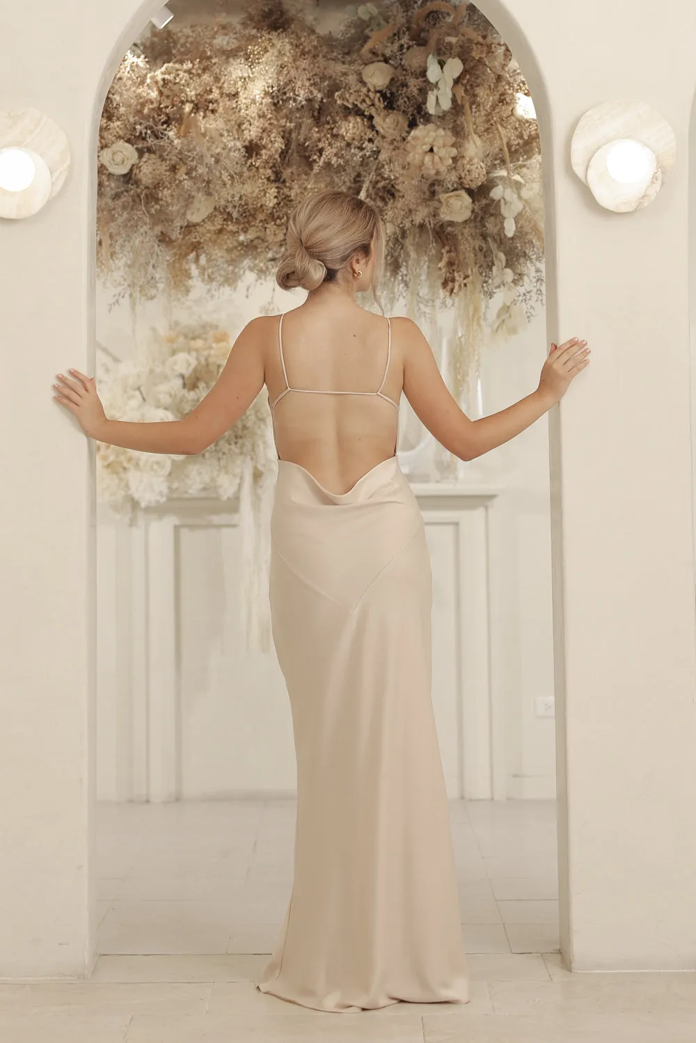 SERAPHINE Strappy Full Length Silk Dress with Cowl Open Back (Nude Silk Crepe)