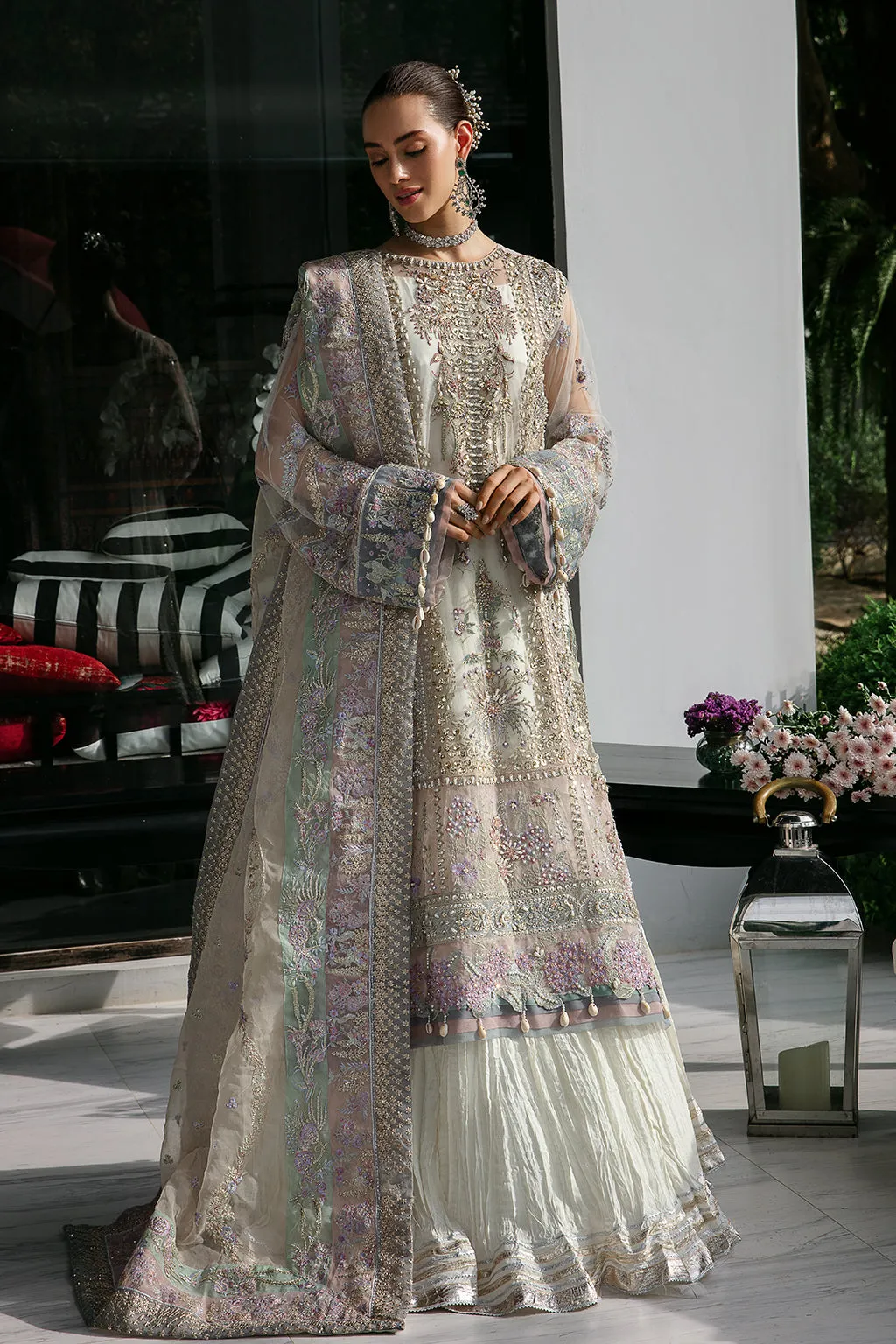 Silver Embellished Pakistani Wedding Dress Kameez Crushed Sharara Style