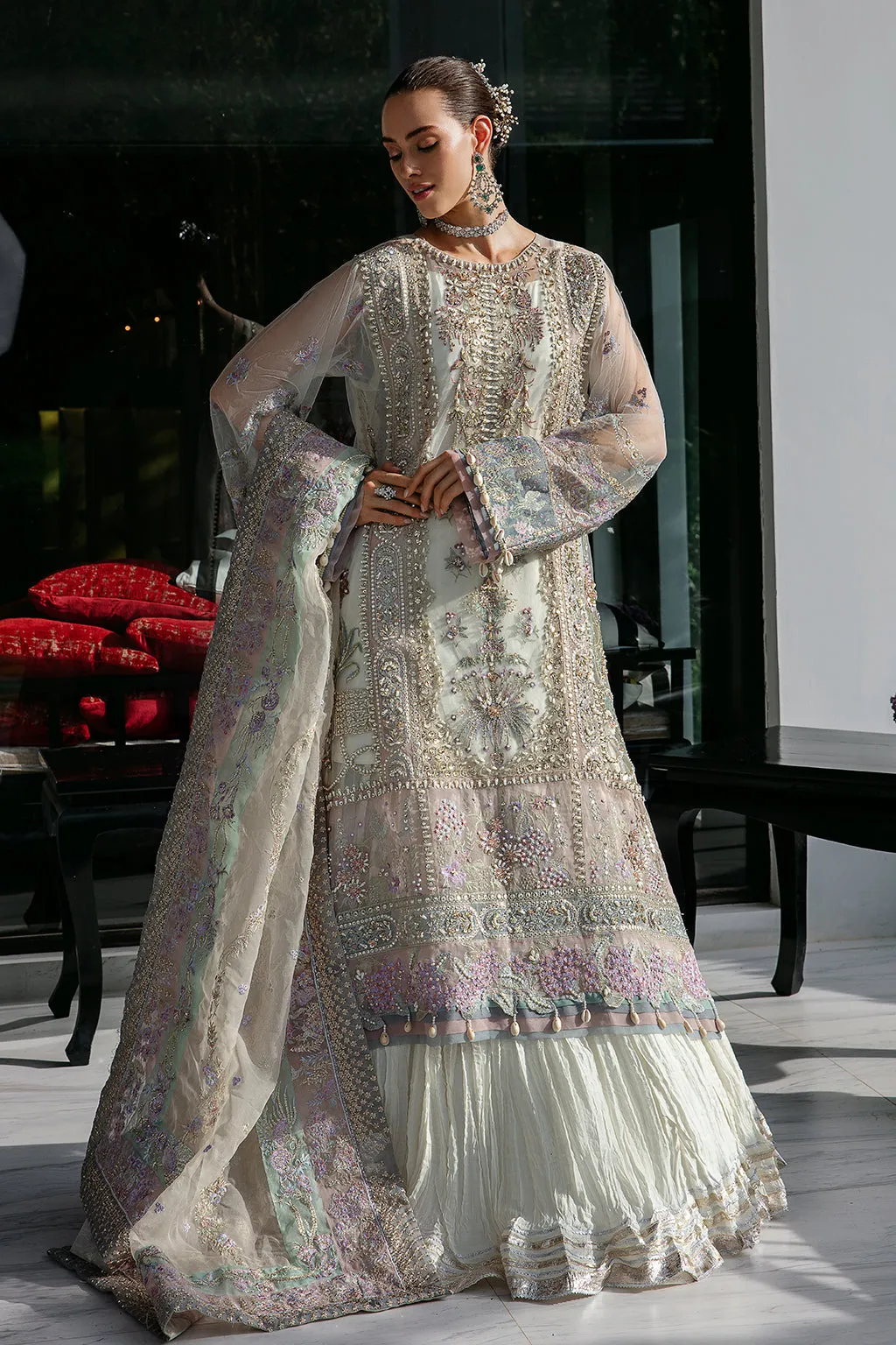 Silver Embellished Pakistani Wedding Dress Kameez Crushed Sharara Style