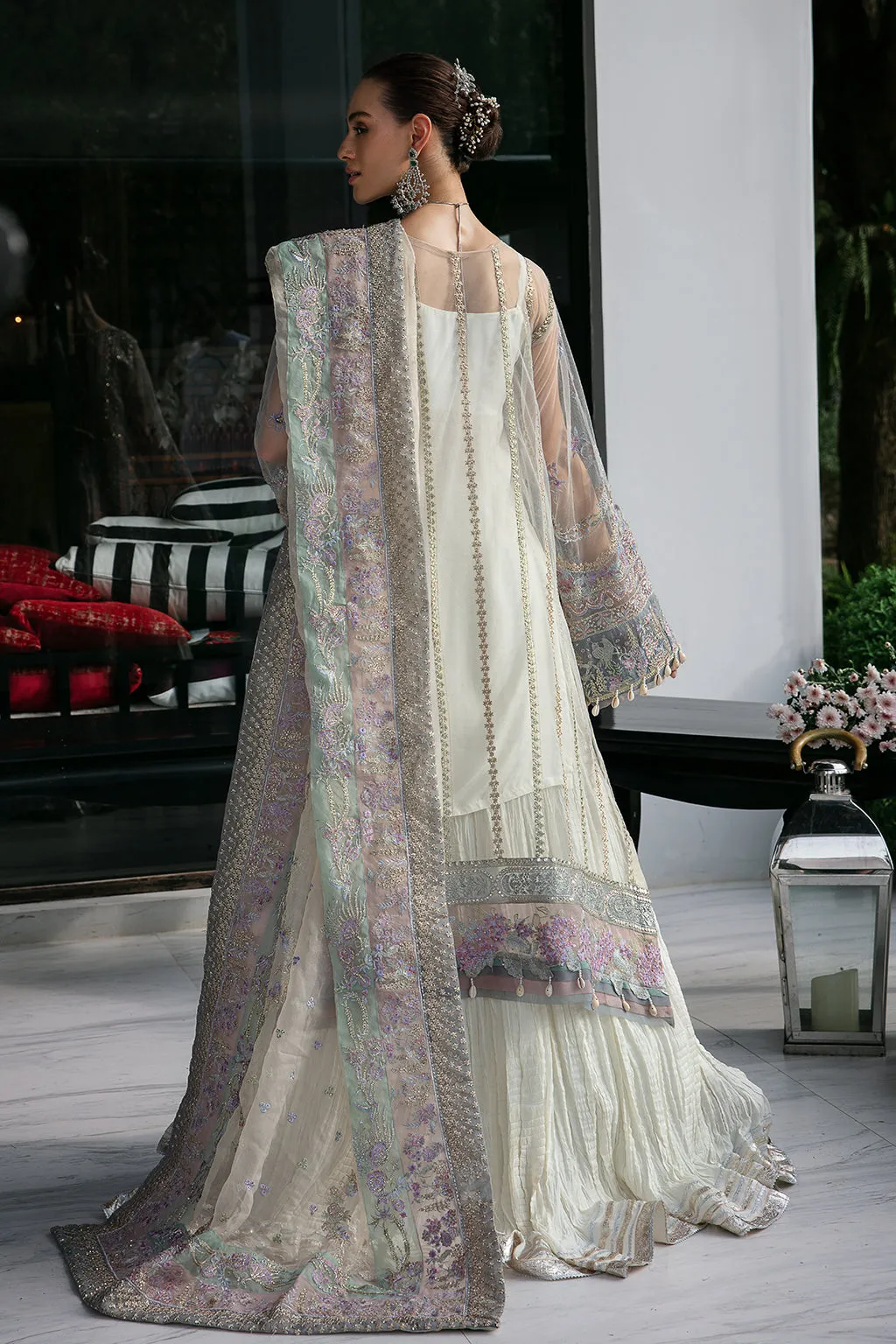 Silver Embellished Pakistani Wedding Dress Kameez Crushed Sharara Style