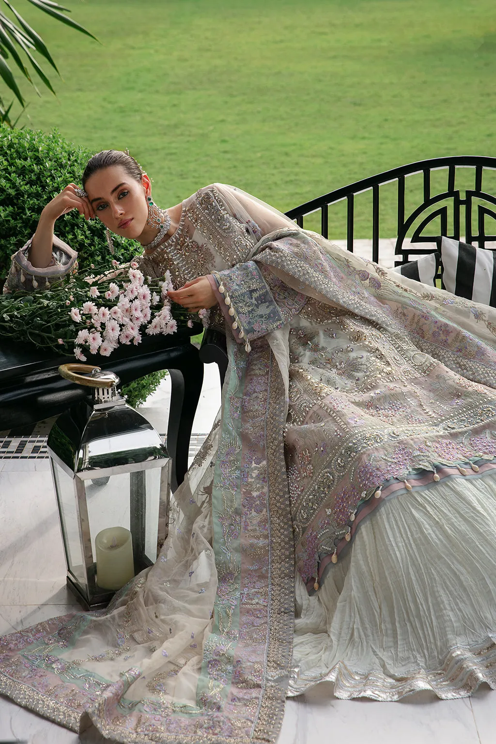 Silver Embellished Pakistani Wedding Dress Kameez Crushed Sharara Style