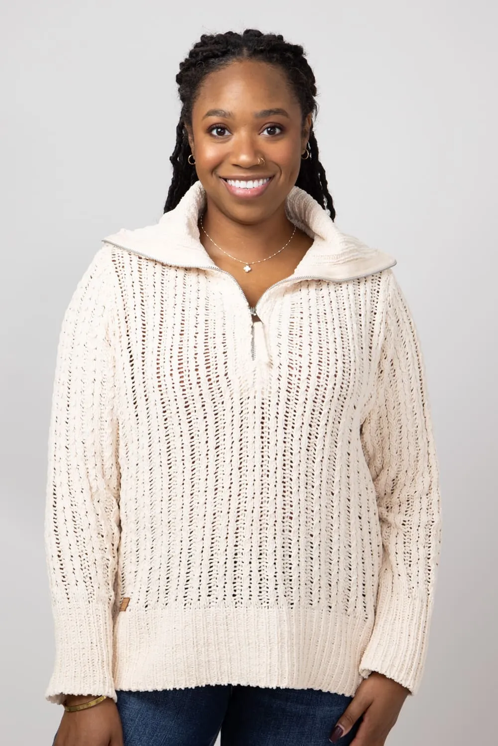Simply Southern So Soft Quarter Zip Sweater for Women in Parchment Cream | PP-0224-SWTR-SOSFT-PARCH