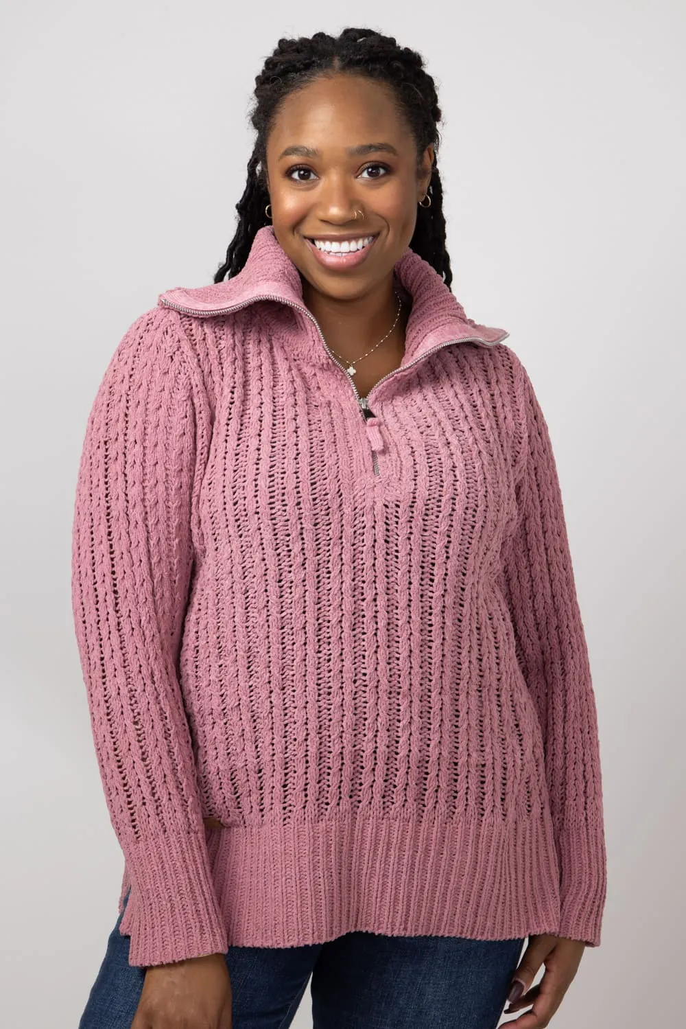 Simply Southern So Soft Quarter Zip Sweater for Women in Plum | PP-0224-SWTR-SOSFT-PLUM