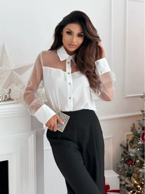Sophisticated Mesh Patchwork Long-Sleeve Shirt with Turndown Collar