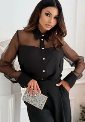 Sophisticated Mesh Patchwork Long-Sleeve Shirt with Turndown Collar